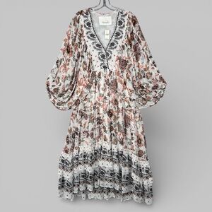 ANTHROPOLOGIE V Neck Maxi Dress SP Floral Boho Neutral Flowy Pockets